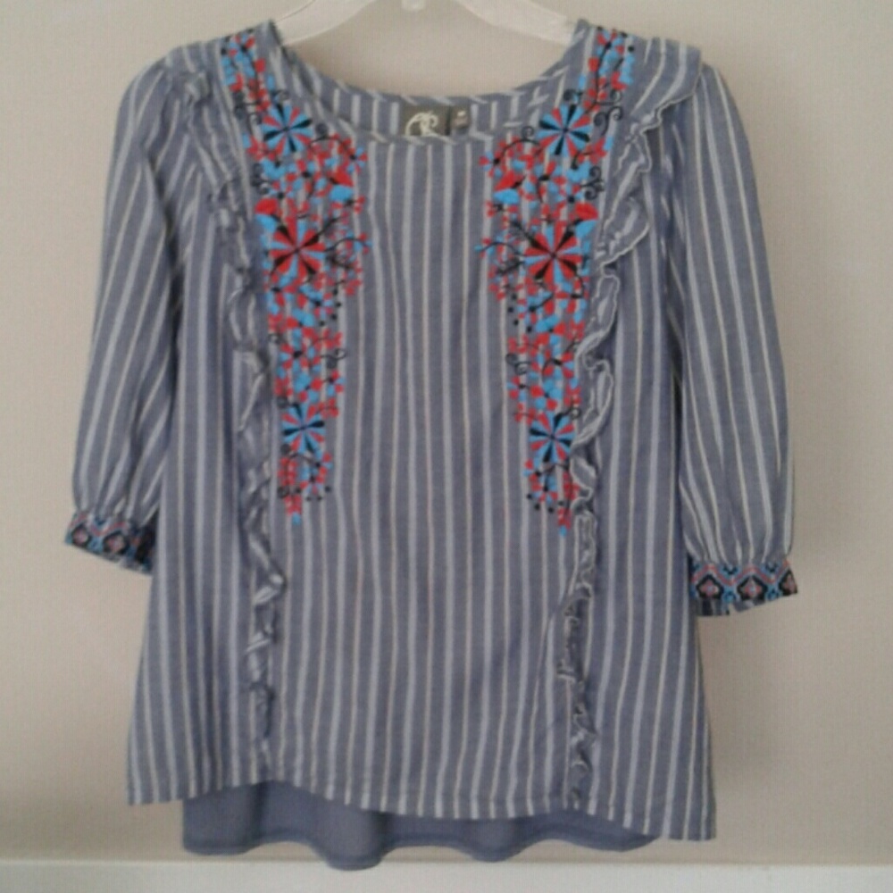 One September Blue Chambray Stripe Embroidered Top